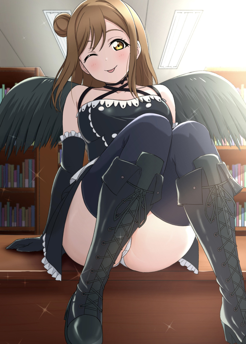 1girl :p absurdres black_dress black_footwear black_gloves black_thighhighs black_wings bookshelf boots brown_hair commentary_request counter dress elbow_gloves fake_wings gloves gothic_lolita hair_bun highres indoors kunikida_hanamaru lolita_fashion long_hair looking_at_viewer love_live! love_live!_sunshine!! one_eye_closed panties single_hair_bun sitting smile solo thighhighs tongue tongue_out underwear white_panties wings yellow_eyes zanpon
