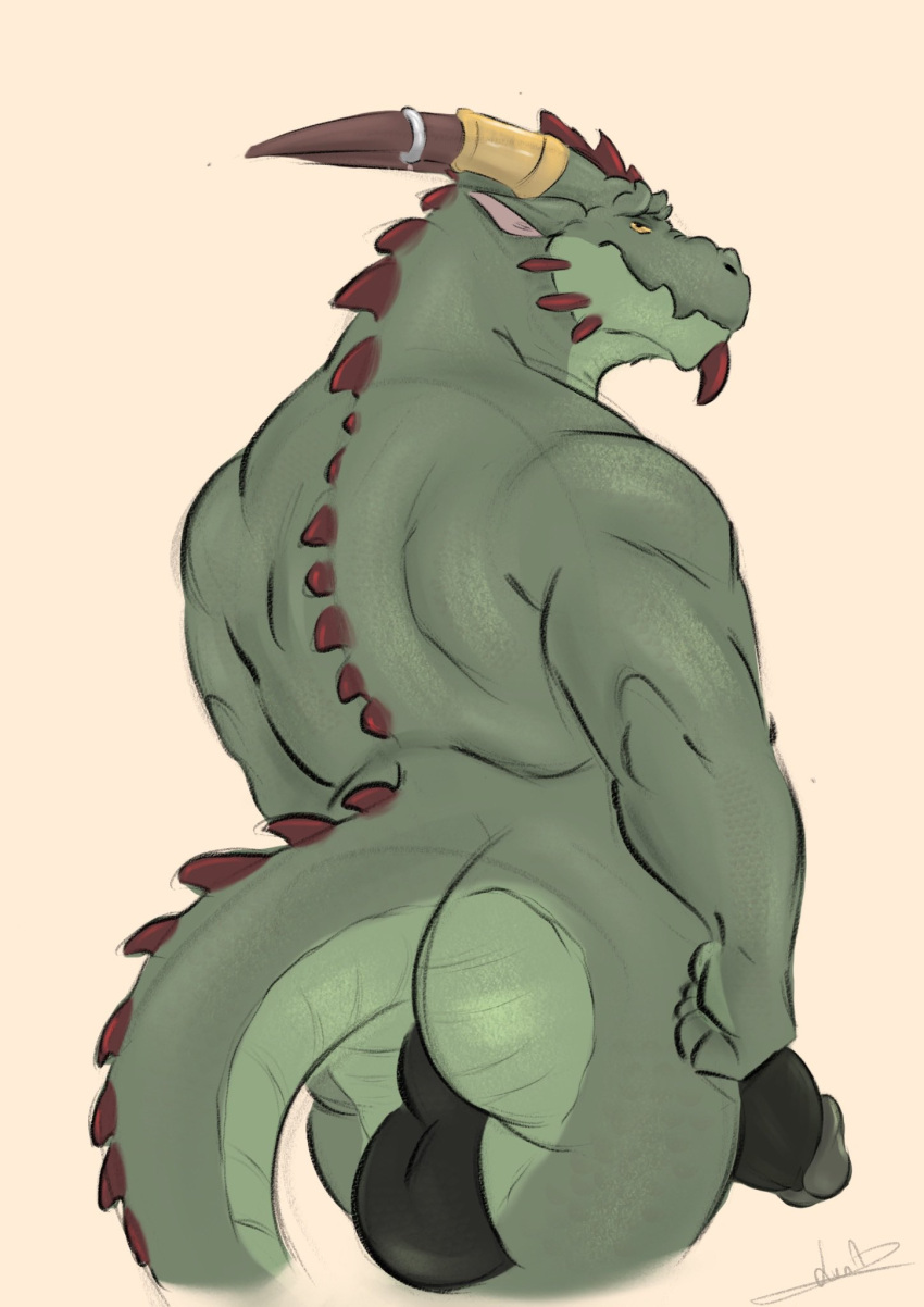anthro balls butt digital_drawing_(artwork) digital_media_(artwork) dragon erection genitals glans hi_res horn horn_jewelry horn_ring jewelry looking_back luna_1 male muscular muscular_anthro muscular_male mythological_creature mythological_scalie mythology penis ring_(jewelry) scalie simple_background solo standing tail