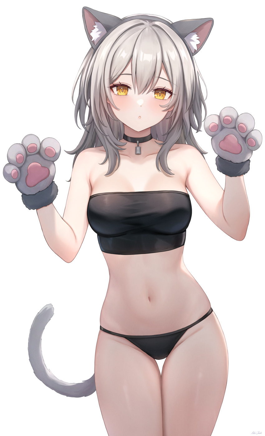 1girl absurdres animal_ears animal_hands bandeau bare_arms bare_shoulders black_bandeau black_choker black_panties black_tube_top blush breasts cat_ears cat_paws cat_tail choker collarbone commentary cowboy_shot crop_top english_commentary fake_animal_ears fake_tail gloves grey_hair grey_hairband hair_between_eyes hairband hands_up highres honkai:_star_rail honkai_(series) long_hair looking_at_viewer medium_breasts midriff narijade navel no_pants panties parted_lips paw_gloves paw_pose simple_background solo standing stelle_(honkai:_star_rail) stomach strapless string_panties tail tail_raised taut_bandeau taut_clothes thigh_gap thighs trailblazer_(honkai:_star_rail) tube_top underwear upper_body white_background white_hair yellow_eyes