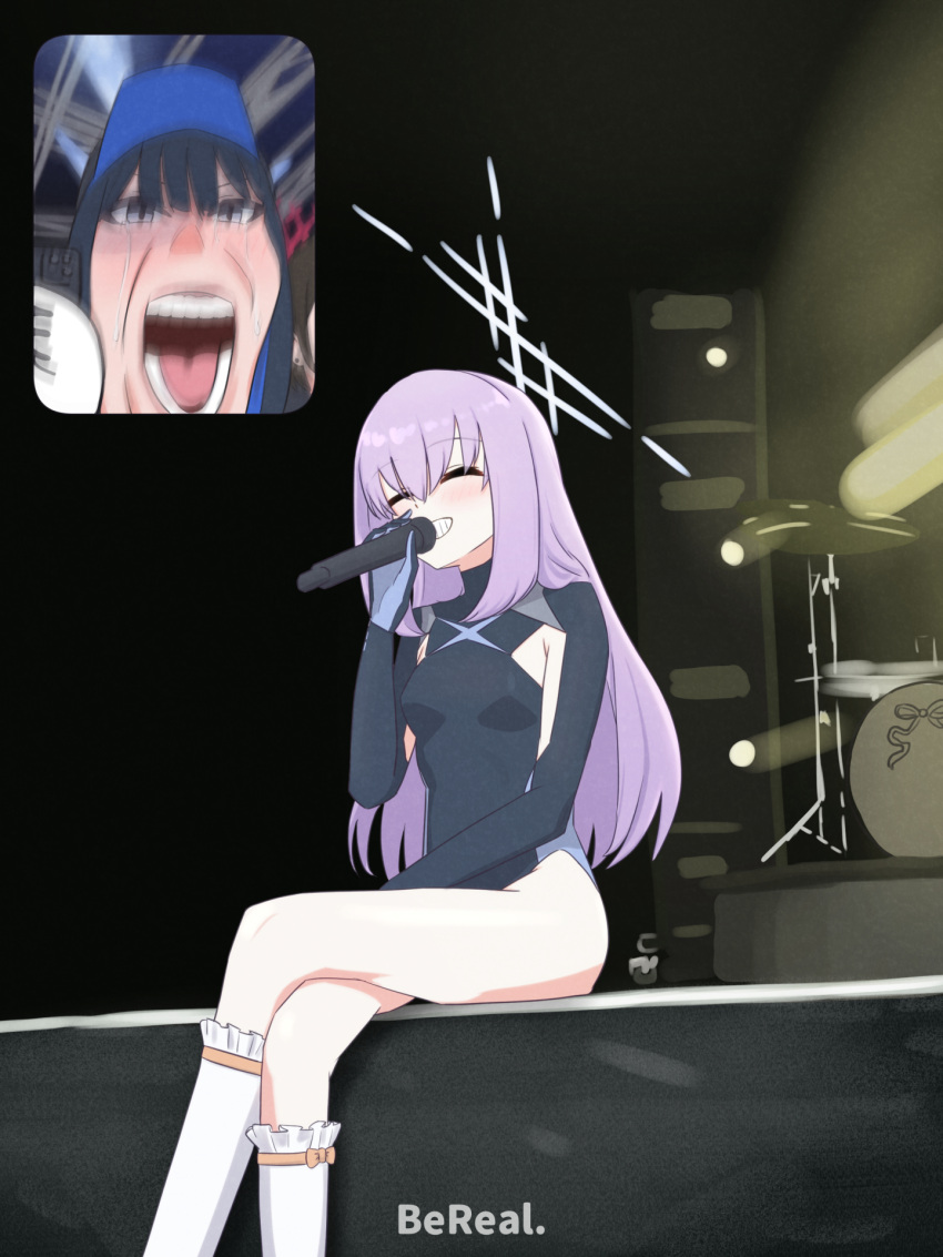 1girl 2girls atsuko_(blue_archive) baseball_cap black_hair blue_archive blush breasts closed_eyes crossed_legs crying crying_with_eyes_open fan_screaming_at_madison_beer_(meme) hair_between_eyes halo hat highres holding holding_microphone leotard meme microphone multiple_girls open_mouth purple_hair saori_(blue_archive) sitting smile socks streaming_tears tears white_socks