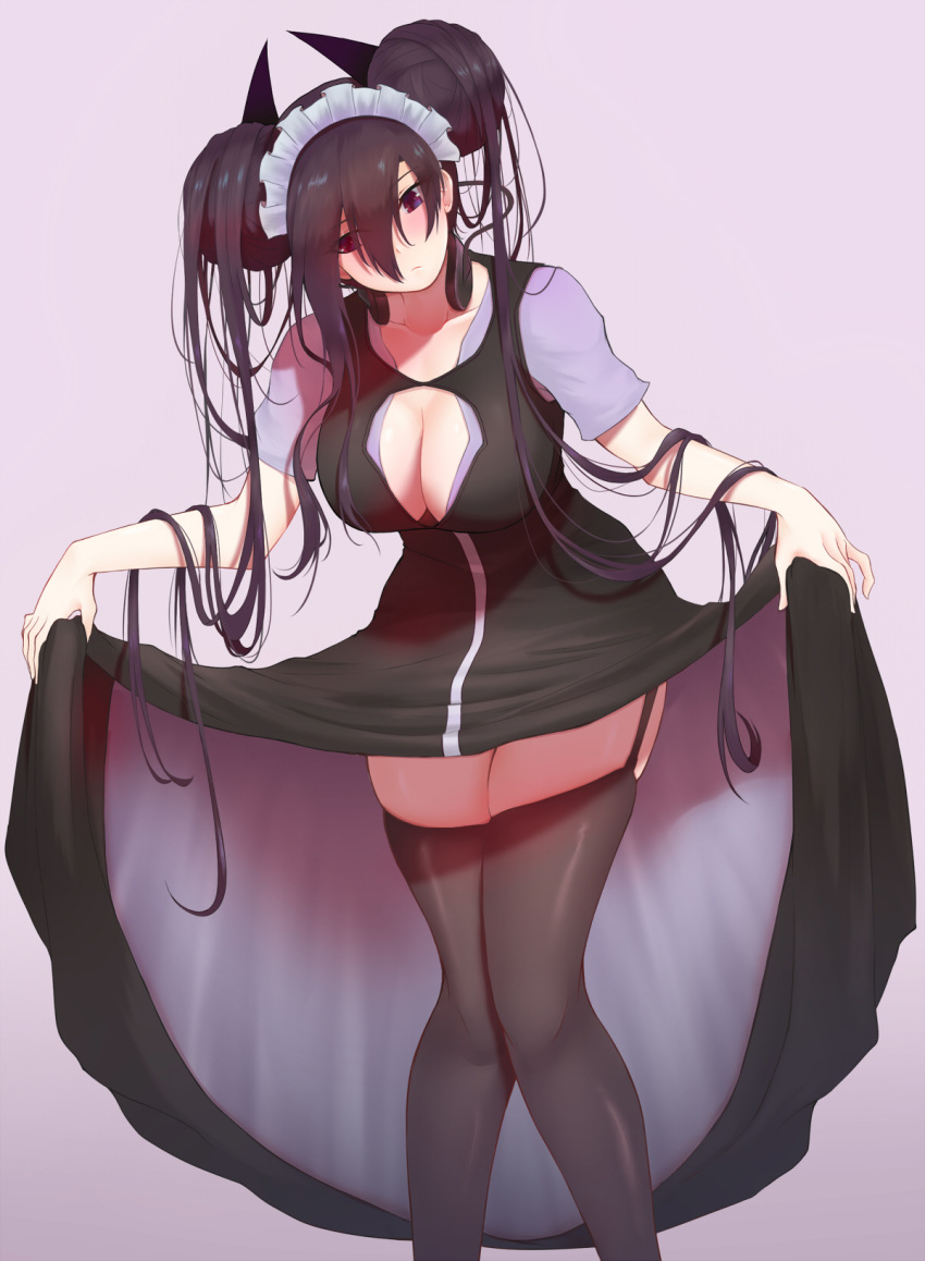 1girl agent_(girls_frontline) alternate_costume black_dress black_hair black_legwear blush breasts chinese_commentary cleavage cleavage_cutout closed_mouth collarbone commentary_request cowboy_shot curtsey double_bun dress dress_lift garter_straps girls_frontline hair_flowing_over head_tilt highres large_breasts lavender_background legs long_hair maid_headdress messy_hair pao_mian+dan purple_eyes purple_shirt sangvis_ferri shirt simple_background skindentation solo thighhighs thighs very_long_hair