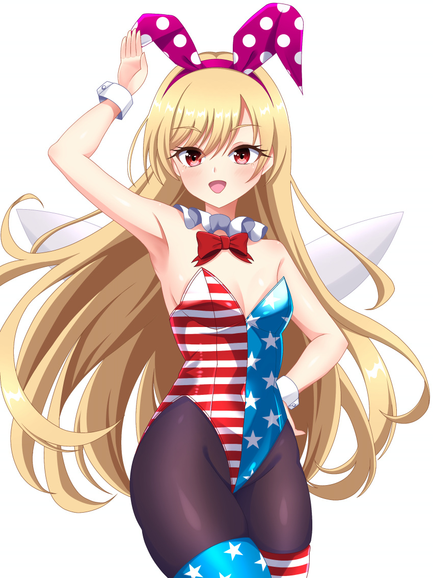 1girl absurdres adapted_costume american_flag american_flag_legwear american_flag_print animal_ears black_pantyhose blonde_hair bow bowtie cipher_(user_watm8555) clownpiece cowboy_shot detached_collar fairy_wings flag_print green_eyes highres leotard long_hair pantyhose playboy_bunny rabbit_ears red_leotard simple_background solo strapless strapless_leotard thighhighs touhou white_background wings wrist_cuffs