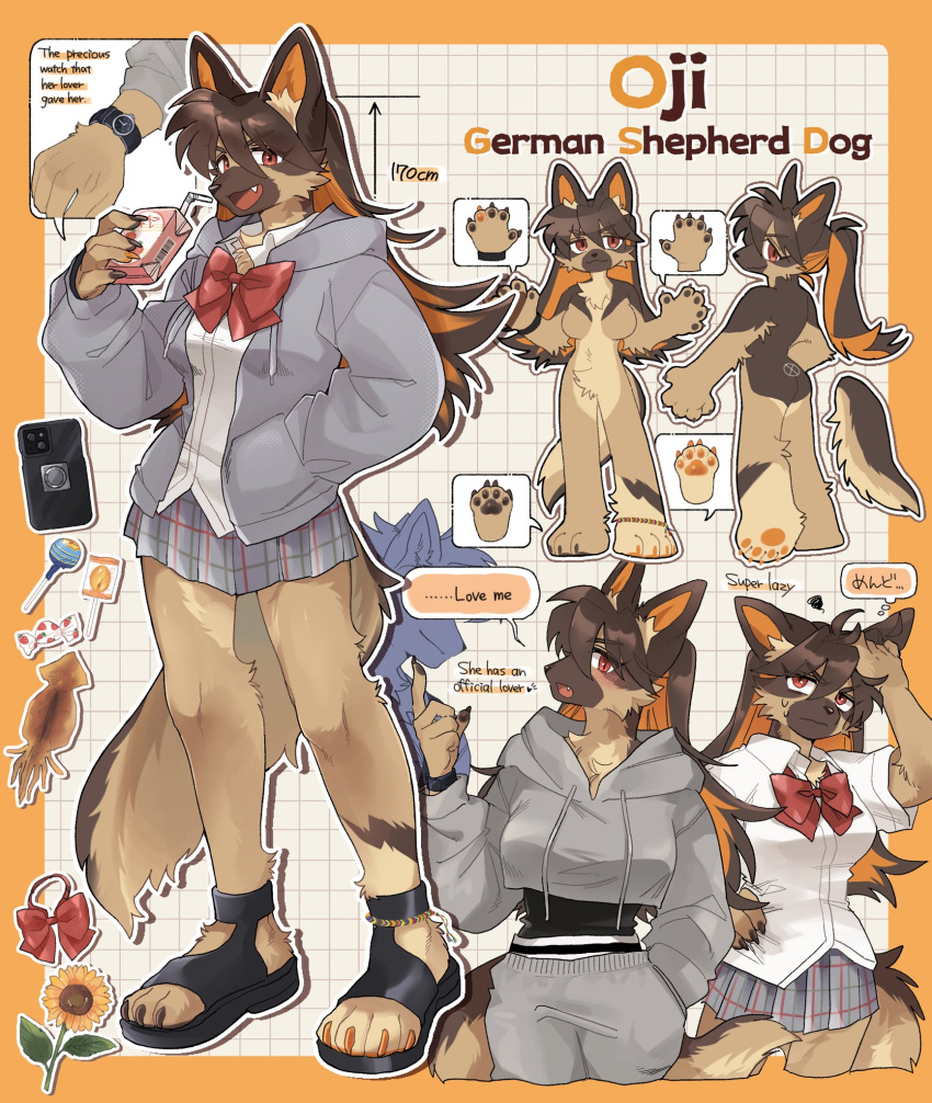 2024 anthro beverage biped bottomwear bow_tie breasts brown_body brown_fur canid canine canis clock clothed clothing digital_media_(artwork) domestic_dog duo featureless_breasts female fluffy fluffy_tail food footwear front_view fur german_shepherd herding_dog hi_res hoodie japanese_text kemono male mammal model_sheet multicolored_body ng_hus oji_(ng_hus) pastoral_dog pattern_bottomwear pattern_clothing pattern_skirt pawpads paws plaid plaid_bottomwear plaid_clothing plaid_skirt pleated_skirt rear_view red_bow_tie sandals skirt solo_focus speech_bubble sweatpants tail text three-quarter_view topwear watch white_dress_shirt