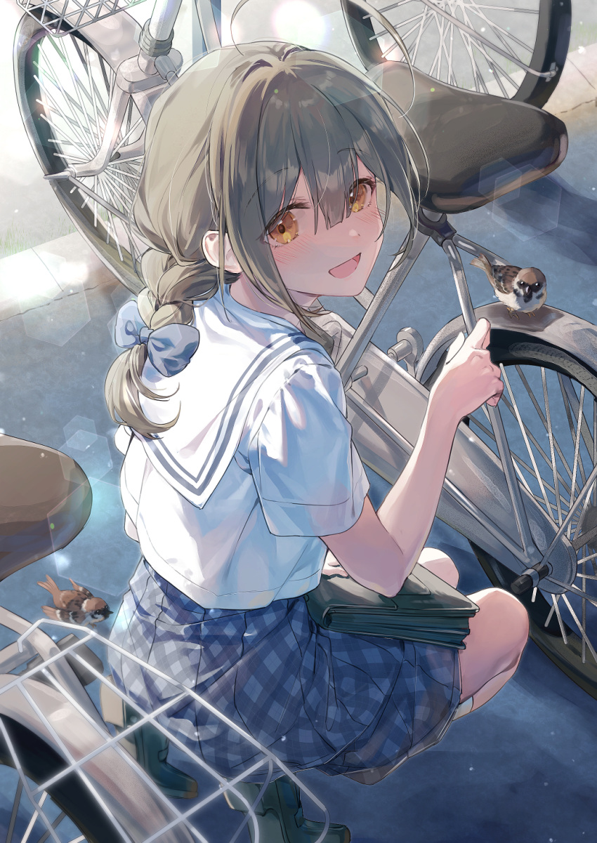 1girl aged_down bicycle bird blue_skirt blush bow braid brown_hair commentary hair_bow highres idolmaster idolmaster_shiny_colors kuwayama_chiyuki long_hair looking_at_viewer looking_to_the_side outdoors pleated_skirt rain_(regen) school_uniform serafuku shirt short_sleeves skirt smile sparrow squatting tiptoes white_shirt