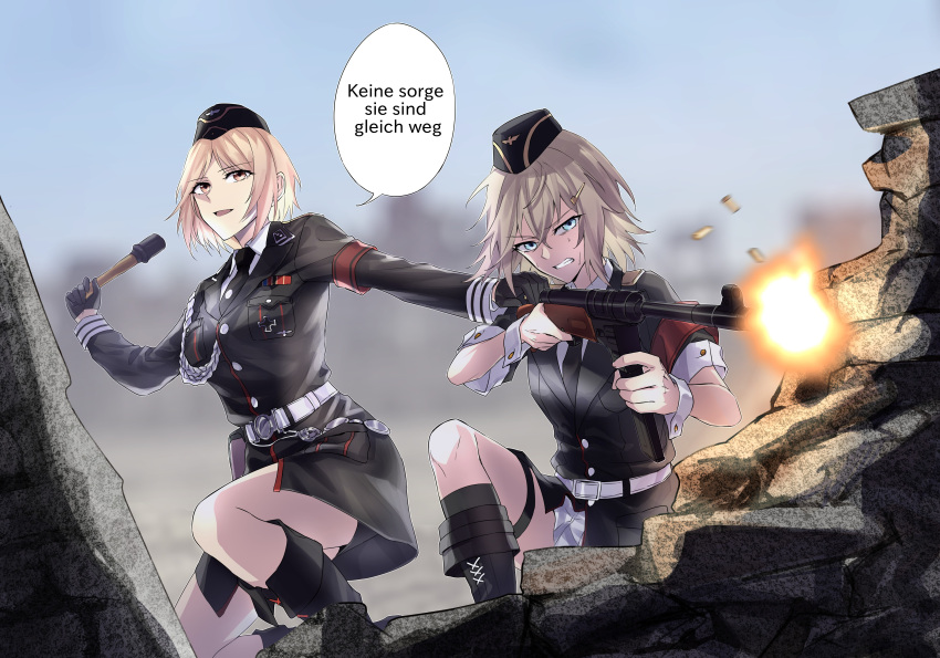 2girls absurdres blonde_hair blue_eyes boots combat_boots commission cross english_commentary explosive firing garrison_cap german_text girls'_frontline grenade gun hat highres holding holding_grenade holding_gun holding_weapon iron_cross military military_uniform mp40_(girls'_frontline) mp41 mp41_(girls'_frontline) multiple_girls muzzle_flash nazi pixiv_request submachine_gun suprii translated uniform weapon