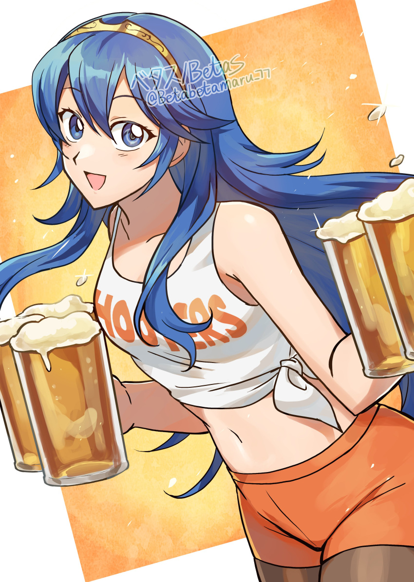 1girl :d absurdres alcohol alternate_costume artist_name bare_shoulders beer beer_mug betabetamaru blue_eyes blue_hair brand_of_the_exalt commission cup fire_emblem fire_emblem_awakening hair_between_eyes highres holding holding_cup hooters long_hair looking_at_viewer lucina_(fire_emblem) midriff mug navel open_mouth orange_shorts pantyhose shirt shorts skeb_commission sleeveless sleeveless_shirt smile solo symbol_in_eye tiara tied_shirt twitter_username white_shirt