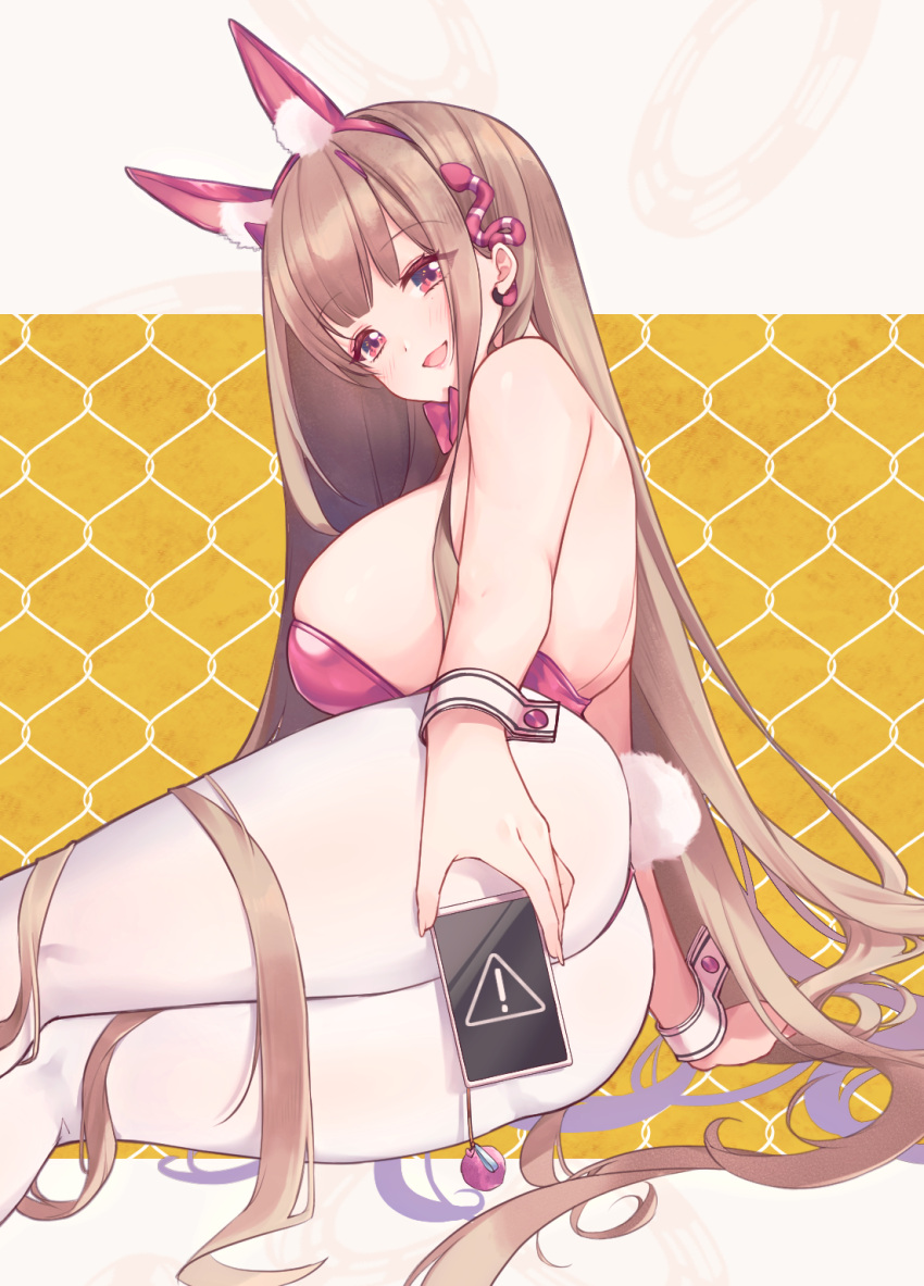 1girl animal_ears bare_arms bare_shoulders blush breasts brown_hair cellphone chami_(charming621) commentary fake_animal_ears goddess_of_victory:_nikke hair_ornament hairband highleg highleg_leotard highres holding holding_phone large_breasts leotard long_hair looking_at_viewer official_alternate_costume open_mouth pantyhose phone pink_eyes pink_hairband pink_leotard playboy_bunny rabbit_ears smartphone solo thighs viper_(nikke) viper_(toxic_rabbit)_(nikke) white_pantyhose wrist_cuffs