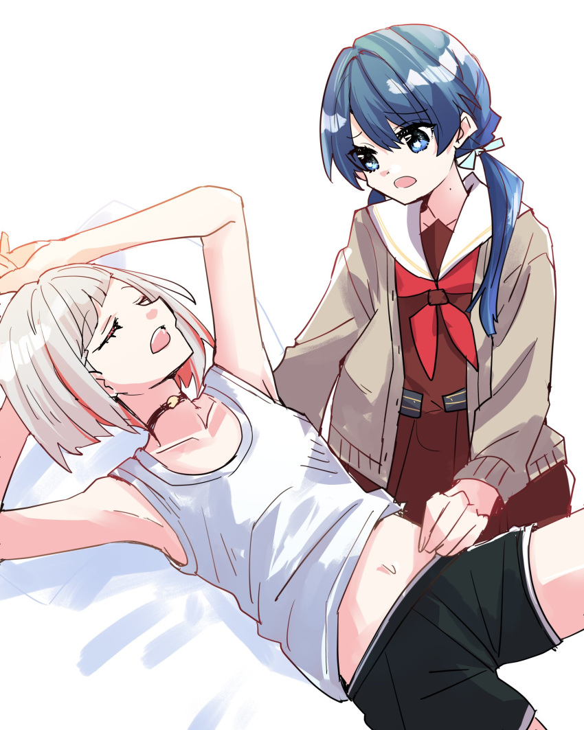 2girls armpits arms_up black_choker black_shorts blue_eyes blue_hair blue_ribbon bob_cut brown_cardigan brown_dress cardigan choker closed_eyes collarbone colored_inner_hair commentary_request dark_blue_hair diagonal_bangs dollchestra dress furrowed_brow grey_hair hair_ribbon hasu_no_sora_school_uniform highres inverted_bob kanduki_kamibukuro link!_like!_love_live! long_hair long_sleeves looking_at_another love_live! low_twintails lying midriff_peek mole mole_on_neck multicolored_hair multiple_girls murano_sayaka navel neckerchief on_back on_bed open_cardigan open_clothes open_mouth pleated_dress red_hair red_neckerchief ribbon sailor_collar sailor_dress school_uniform short_hair shorts simple_background sleeping streaked_hair tank_top twintails virtual_youtuber waking_another white_background white_sailor_collar white_tank_top winter_uniform yugiri_tsuzuri