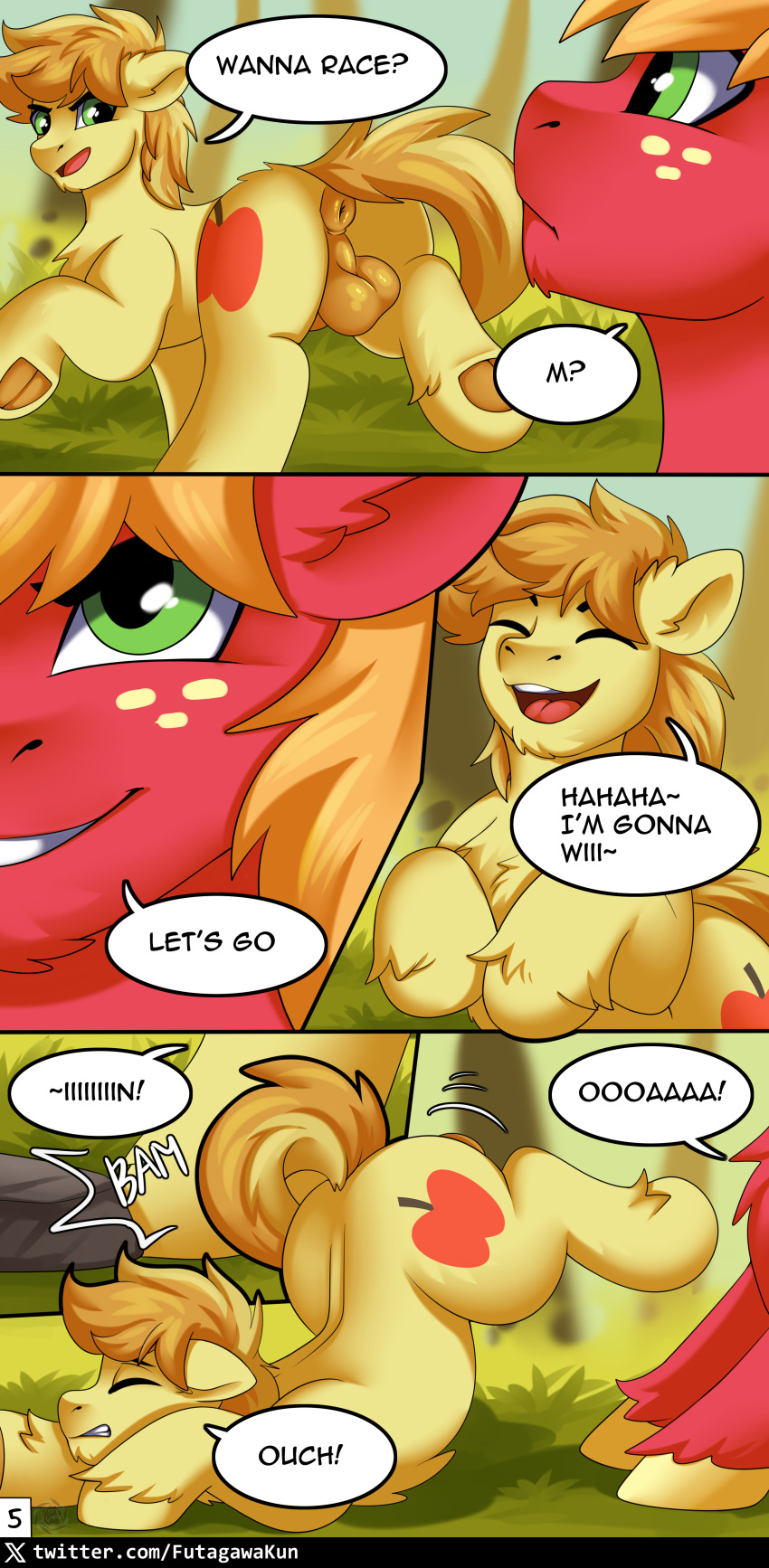 absurd_res animal_genitalia anus balls big_macintosh_(mlp) braeburn_(mlp) comic comic:memorable_camping cutie_mark digital_media_(artwork) duo earth_pony equid equine feral fkk friendship_is_magic genitals hasbro hi_res horse male male/male mammal my_little_pony pony