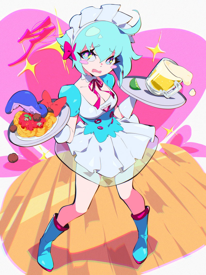 1girl absurdres aetherion ahoge alcohol alternate_costume aqua_eyes aqua_hair bangs beer beer_mug blue_footwear blush blush_stickers boots breasts calamari cleavage cup detached_collar dress enmaided food full_body highres holding holding_tray maid meatball medium_breasts mug multicolored_eyes nervous open_mouth original pasta pink_eyes puffy_short_sleeves puffy_sleeves short_dress short_hair short_sleeves solo space_girl_(aetherion) spaghetti spaghetti_and_meatballs tray wooden_floor