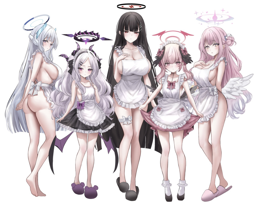 5girls absurdres apron ass at_congju barefoot black_hair blue_archive blush breasts closed_mouth collarbone demon_horns hair_bun hair_ornament hair_ribbon hairpin halo highres hina_(blue_archive) horns knee_strap koharu_(blue_archive) large_breasts long_hair looking_at_viewer maid maid_headdress medium_breasts mika_(blue_archive) multiple_girls naked_apron noa_(blue_archive) pink_eyes pink_hair purple_eyes red_eyes ribbon rio_(blue_archive) sideboob single_side_bun small_breasts socks twintails white_background white_hair