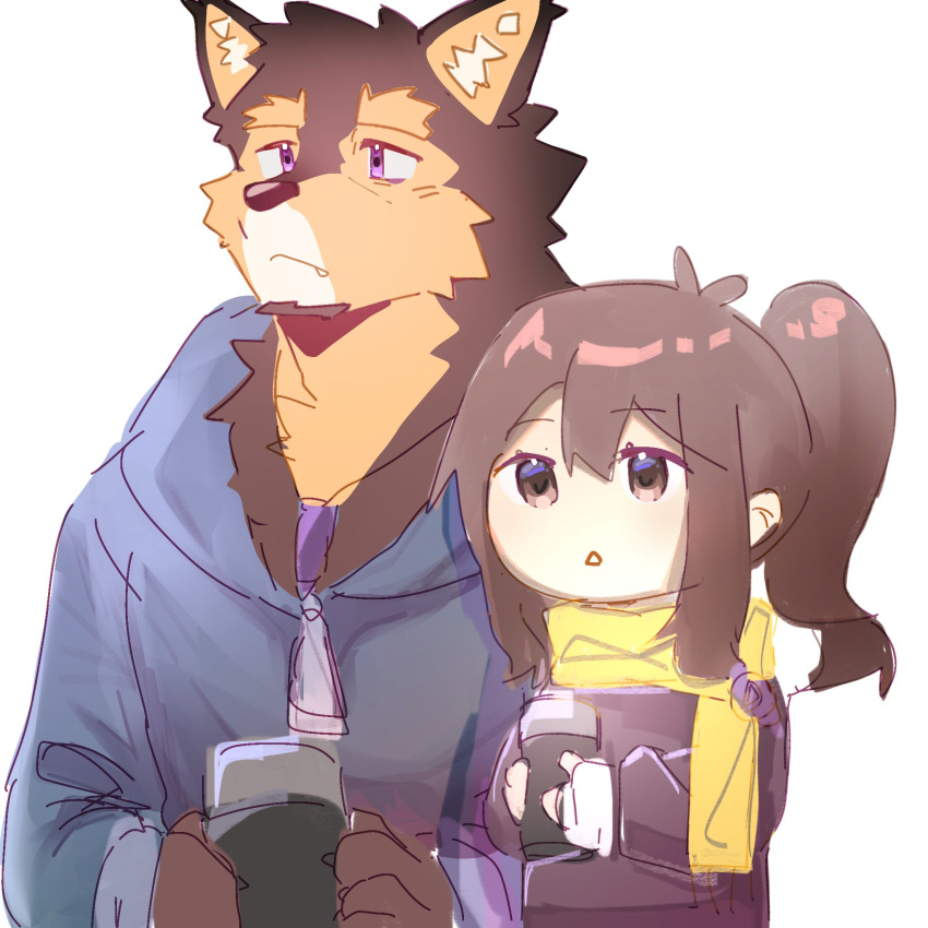 1boy 1girl animal_ears blue_jacket brown_eyes brown_hair brown_jacket chibi claws dog_boy dog_ears female_protagonist_(live_a_hero) furry furry_male highres holding_thermos hood hooded_jacket jacket live_a_hero ponytail pubraseer_(live_a_hero) purple_eyes scarf wang_yzzx white_background yellow_scarf