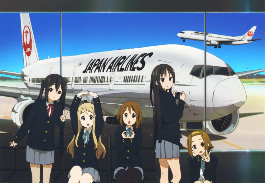 5girls aircraft airplane airport akiyama_mio arms_up artist_request black_eyes black_hair blazer blonde_hair blue_eyes blue_sky breasts brown_eyes brown_footwear brown_hair camera day forehead hair_ornament hairclip headband highres hime_cut hirasawa_yui holding holding_camera jacket japan_airlines k-on! k-on!_movie kotobuki_tsumugi legs_up long_hair looking_at_viewer looking_back medium_breasts multiple_girls nakano_azusa neck_ribbon non-web_source official_art open_mouth pleated_skirt ribbon round_teeth runway sakuragaoka_high_school_uniform scan school_uniform sitting skirt sky smile squatting tainaka_ritsu taking_off teeth thick_eyebrows twintails v