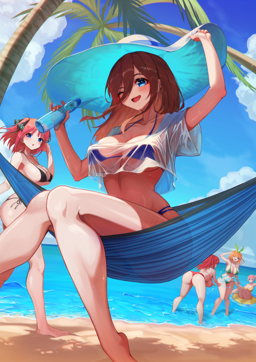 5girls ;d absurdres alternate_costume ass bare_legs barefoot beach bikini bikini_under_clothes black_bikini blue_bikini blue_eyes blush bottle breasts brown_hair cleavage collarbone commentary_request cropped_shirt curvy go-toubun_no_hanayome green_bikini hair_between_eyes halterneck hammock hat highres hiyoku holding holding_bottle large_breasts linea_alba looking_at_viewer multiple_girls nakano_ichika nakano_itsuki nakano_miku nakano_nino nakano_yotsuba no_pants one_eye_closed open_mouth outdoors paid_reward_available palm_tree playing quintuplets ramune red_bikini see-through see-through_shirt shirt siblings side-tie_bikini_bottom sisters sitting smile string_bikini sun_hat swimsuit t-shirt toes tree twins yellow_bikini