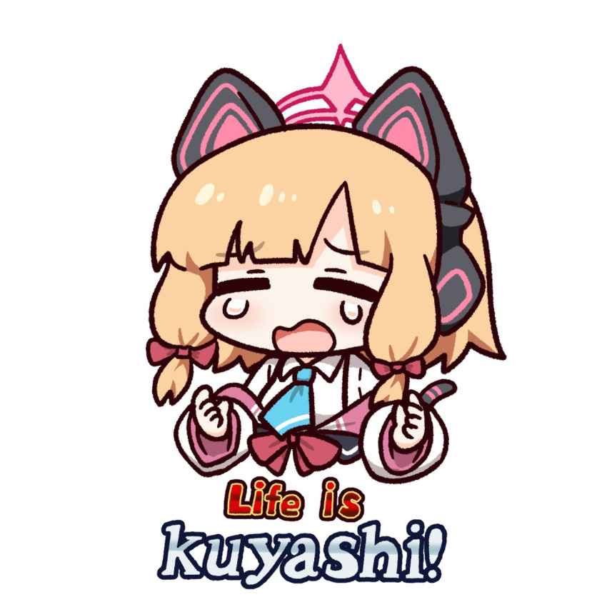 1girl animal_ear_headphones animal_ears blonde_hair blue_archive blunt_bangs cat_ear_headphones cat_ears chibi concha_(mamecha) crying english_text fake_animal_ears hair_tubes halo headphones highres meme momoi_(blue_archive) necktie school_uniform simple_background white_background