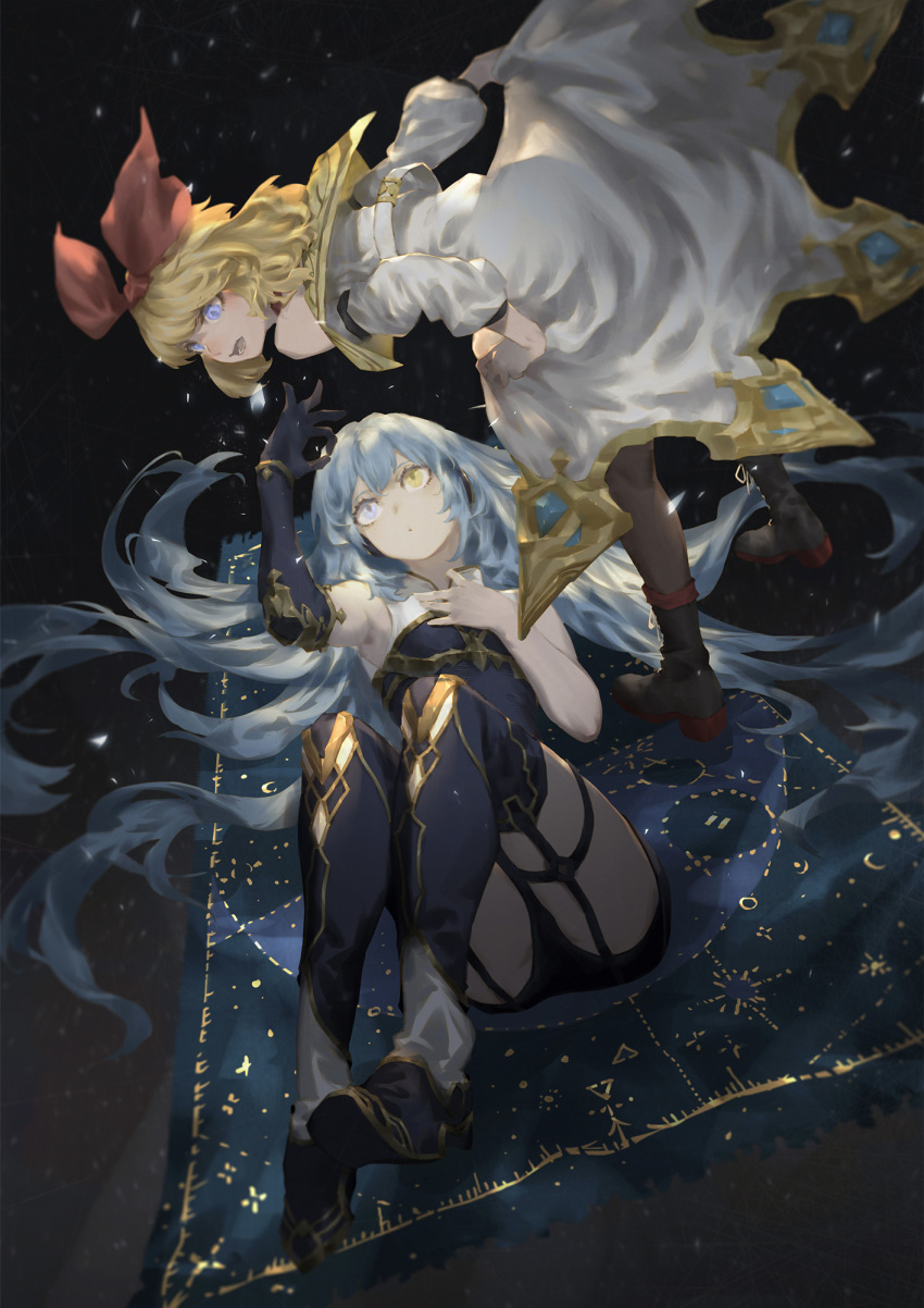 2girls annette_(king's_raid) armpits astronomy blonde_hair blue_carpet blue_eyes blue_hair boots bow bracelet commentary_request floating flying_carpet garter_straps gold_trim hair_bow heterochromia highres huge_bow jewelry kara_(king's_raid) king's_raid leaning_forward long_hair looking_at_another lying multiple_girls night off_shoulder on_back open_mouth red_bow spongeman9214 thigh_boots thighhighs very_long_hair white_coat yellow_eyes