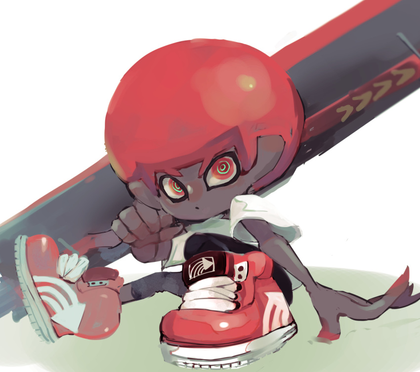 1boy afro black_leggings carbon_roller_(splatoon) dark-skinned_male dark_skin holding koike3582 leggings octoling octoling_boy octoling_player_character red_eyes red_footwear red_hair ringed_eyes shirt shoes short_hair short_sleeves sitting solo splatoon_(series) t-shirt white_shirt