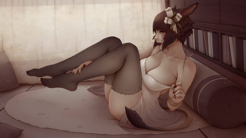 1girl animal_ears black_thighhighs blue_eyes bracelet breasts brown_hair cat_ears cat_girl cat_tail commission english_commentary facial_mark final_fantasy final_fantasy_xiv flower from_side hair_flower hair_ornament highres indoors jewelry large_breasts miqo'te negligee red_lips red_nails short_hair sitting solo soranamae tail thighhighs warrior_of_light_(ff14) whisker_markings