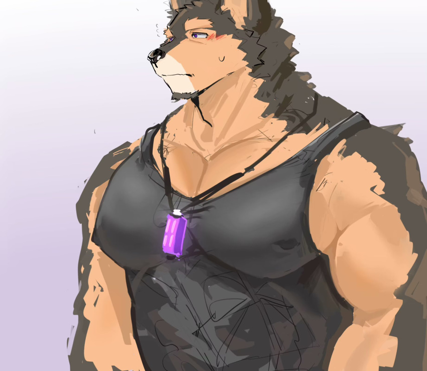 1boy animal_ears black_shirt blush brown_eyes dog_boy dog_ears furry furry_male gem highres jewelry live_a_hero male_focus muscular muscular_male necklace pectorals pubraseer_(live_a_hero) shirt sleeveless sleeveless_shirt sweatdrop upper_body wang_yzzx