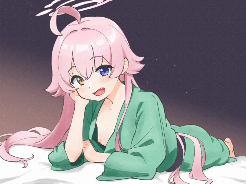 1girl absurdres ahoge barefoot blue_archive blue_eyes breasts collarbone fang flipped_hair full_body green_kimono hair_between_eyes halo hand_up head_on_hand head_rest heterochromia highres hoshino_(blue_archive) japanese_clothes kimono light_blush long_hair long_sleeves looking_at_viewer lying nipple_slip nipples on_bed on_stomach open_mouth pink_hair pink_halo small_breasts solo soonanoka9 yellow_eyes