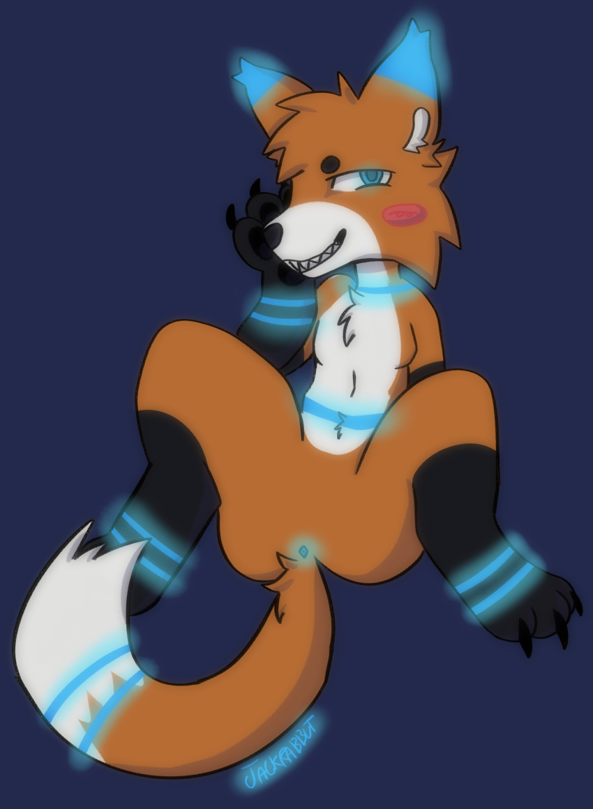 2024 absurd_res agender alternate_version_at_source ambiguous_gender anthro anus black_nose black_pawpads blue_eyes blush canid canine cheek_tuft claws_out countershading dipstick_tail ear_tuft facial_tuft fox genitals glowing glowing_body glowing_eyes glowing_genitalia glowing_markings head_tuft hi_res jackrabbit_(artist) mammal markings null null_bulge pawpads presenting presenting_anus shaded signature smile smirk solo tail tail_markings tail_tuft tuft