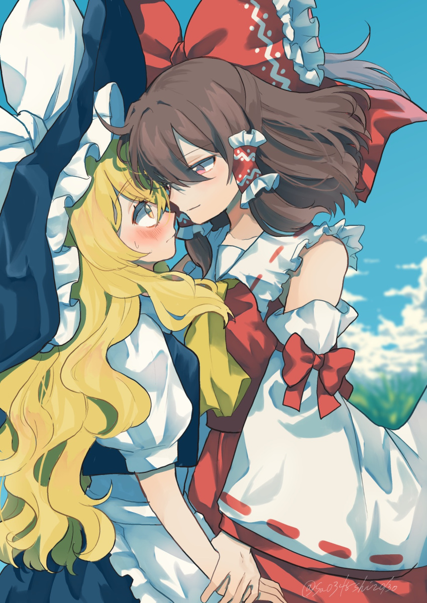 2girls apron arm_grab bare_shoulders black_hat black_skirt black_vest blonde_hair blue_sky blush bow brown_hair closed_mouth cloud commentary_request cowboy_shot day detached_sleeves face-to-face frilled_apron frilled_bow frilled_hair_tubes frills from_side hair_bow hair_tubes hakurei_reimu hat highres kirisame_marisa long_hair multiple_girls outdoors pink_eyes red_bow red_skirt red_vest ribbon-trimmed_sleeves ribbon_trim skirt sky sweatdrop touhou twitter_username uchisaki_himari very_long_hair vest white_apron white_bow wide_sleeves witch_hat yellow_eyes yuri