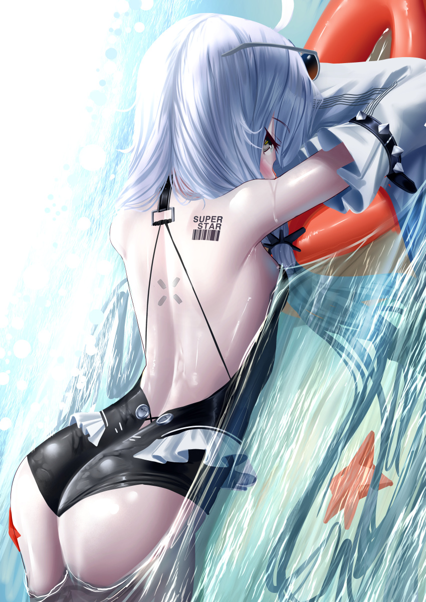 1girl absurdres ass back_tattoo barcode barcode_tattoo black_one-piece_swimsuit blush breasts detached_sleeves eyewear_on_head grey_hair highres lifeboat long_hair long_sleeves lying_on_water manjo_(warito) no.21:_xxi_(solar_frost)_(punishing:_gray_raven) no.21_(punishing:_gray_raven) one-piece_swimsuit punishing:_gray_raven small_breasts solo starfish sunglasses swimsuit tattoo twintails very_long_hair white_sleeves