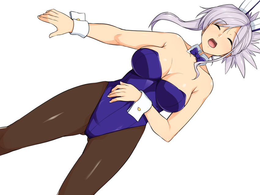 1girl animal_ears bad_source blue_eyes bow bowtie breasts brown_pantyhose cleavage closed_eyes detached_collar fake_animal_ears fate/grand_order fate_(series) grey_hair haruhisky large_breasts leotard long_hair lying miyamoto_musashi_(fate) on_back open_mouth pantyhose playboy_bunny ponytail purple_bow purple_bowtie purple_leotard rabbit_ears simple_background sleeping solo strapless strapless_leotard swept_bangs teeth tongue upper_teeth_only white_background white_wrist_cuffs wrist_cuffs