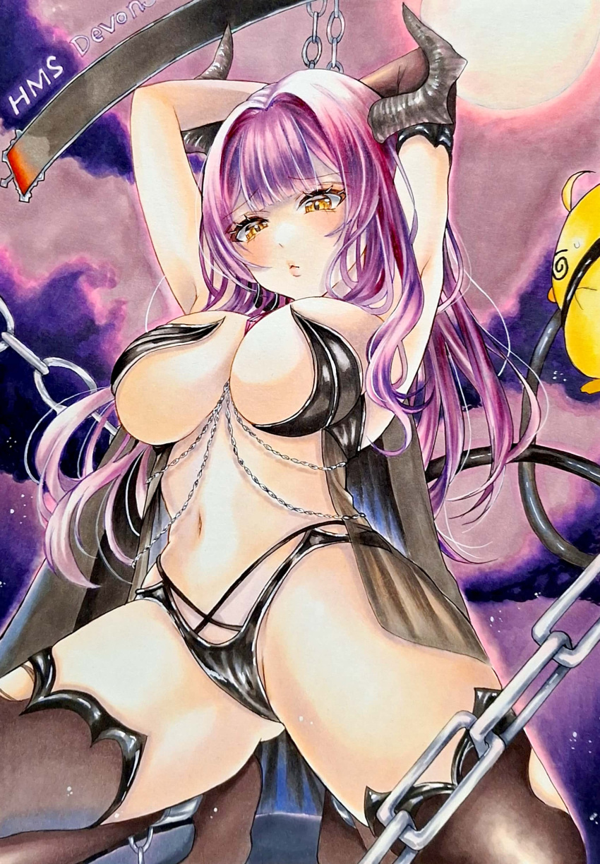 1girl @_@ absurdres arms_behind_head arms_up ass_visible_through_thighs azur_lane black_cape black_horns black_panties black_thighhighs blush breasts cape chain character_name closed_mouth demon_horns demon_tail devonshire_(azur_lane) devonshire_(sadistic_demon)_(azur_lane) fake_horns hair_intakes highres horns kishimon-08 large_breasts lips long_hair looking_at_viewer manjuu_(azur_lane) marker_(medium) navel official_alternate_costume panties purple_hair revealing_clothes stomach tail thighhighs traditional_media underwear yellow_eyes