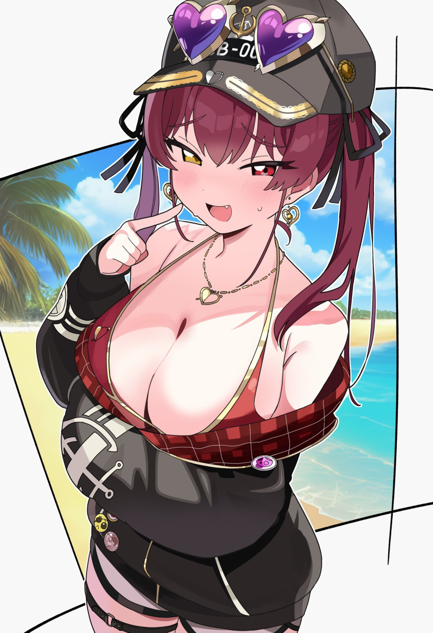 1girl arm_under_breasts baseball_cap bikini black_hat black_jacket black_ribbon blush breasts cleavage earrings eyewear_on_head gold_earrings gold_necklace grey_shorts hair_ribbon hat heart heart-shaped_eyewear heart_earrings heart_necklace highres hololive houshou_marine houshou_marine_(summer) hutaba_haru jacket jewelry large_breasts long_hair looking_at_viewer necklace o-ring o-ring_thigh_strap official_alternate_costume open_mouth red_bikini red_eyes red_hair red_jacket ribbon shorts smile solo sunglasses swimsuit thigh_strap twintails two-sided_fabric two-sided_jacket virtual_youtuber yellow_eyes