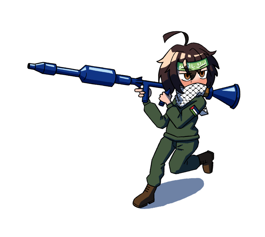 1boy brown_eyes brown_hair chibi dated hamas headband highres israel-hamas_war keffiyeh military mole mole_under_eye palestine palestinian_flag rocket_launcher rpg-7 rpg_(weapon) scarf sma3in soldier war weapon