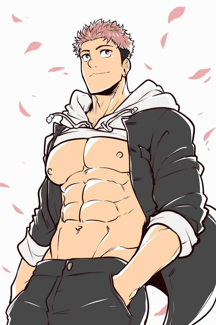 1boy abs absurdres bara bare_pectorals black_jacket black_pants closed_mouth clothes_lift hand_in_pocket highres hood hood_down hoodie hoodie_lift itadori_yuuji jacket jujutsu_kaisen kuroshinki large_pectorals male_focus muscular muscular_male navel nipples open_clothes open_jacket pants pectorals petals pink_hair short_hair simple_background smile solo