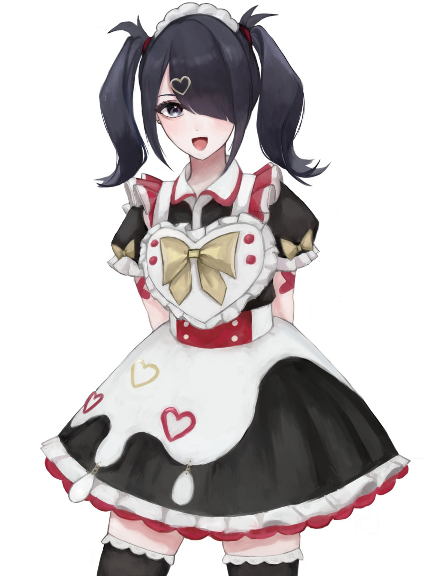 1girl :d ame-chan_(needy_girl_overdose) apron arms_behind_back black_dress black_eyes black_hair black_thighhighs bow collared_dress commentary cowboy_shot dress english_commentary frilled_dress frills hair_ornament hair_over_one_eye heart heart_hair_ornament highres kotorun_ahyo long_hair looking_at_viewer maid maid_headdress needy_girl_overdose official_alternate_costume open_mouth puffy_short_sleeves puffy_sleeves short_dress short_sleeves simple_background smile solo standing sweets_paradise thighhighs twintails white_apron white_background yellow_bow