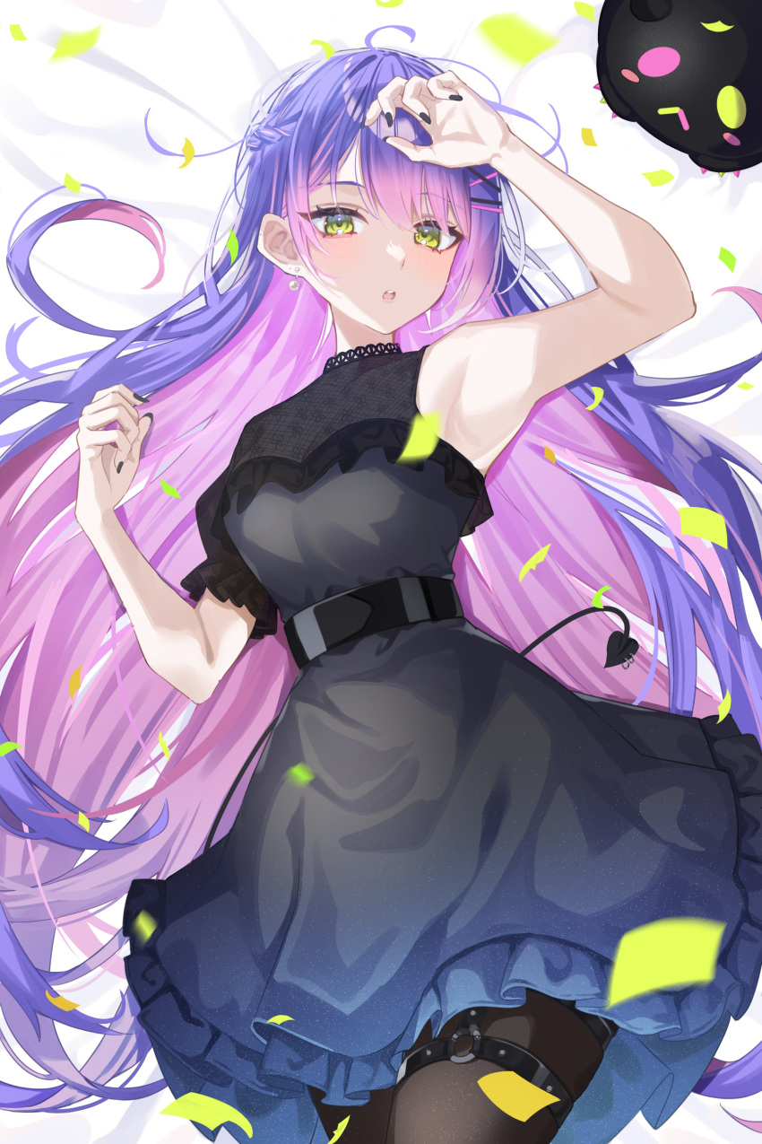 1girl :o absurdres alternate_costume belt bibi_(tokoyami_towa) black_belt black_dress black_nails black_pantyhose braid colored_inner_hair confetti demon_girl demon_tail dress earrings frilled_dress frills gradient_hair green_eyes hair_ornament hairclip half_updo hand_on_own_head hand_up hashtag-only_commentary high-waist_dress highres hololive jewelry knees_out_of_frame long_hair looking_at_viewer lying multicolored_hair o-ring o-ring_thigh_strap on_back on_bed pantyhose piercing pink_hair puffy_short_sleeves puffy_sleeves purple_hair short_sleeves single_sleeve solo streaked_hair swept_bangs tail tail_ornament tail_piercing teeth thigh_strap tokoyami_towa tsuruya_(l_re10_l) upper_teeth_only very_long_hair virtual_youtuber x_hair_ornament