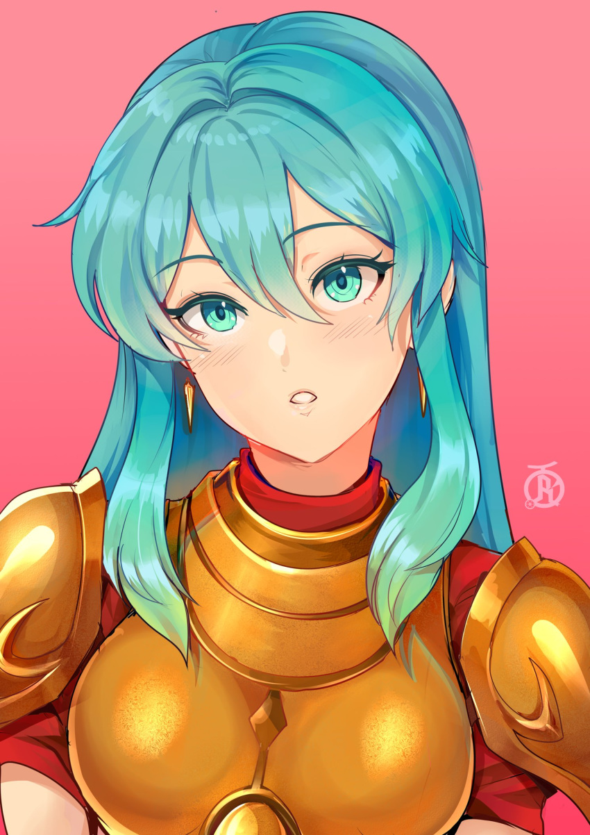 1girl aqua_eyes aqua_hair armor breastplate earrings eirika_(fire_emblem) english_commentary fire_emblem fire_emblem:_the_sacred_stones hair_between_eyes highres jewelry long_hair looking_at_viewer parted_lips red_background red_shirt revolverwing shirt short_sleeves shoulder_armor sidelocks solo