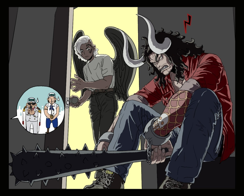 4boys aged_down angry arm_tattoo asymmetrical_hair black_hair black_wings broken_handcuffs club_(weapon) coat coat_on_shoulders curled_horns epaulettes facial_hair facial_tattoo goatee gun holding holding_gun holding_sword holding_weapon horns kaidou_(one_piece) kanabou king_(one_piece) long_hair male_focus marine_(one_piece) medium_hair multiple_boys mustache one_piece opening_door red_shirt shirt short_sleeves sitting skull_tattoo solbangul00 sweatdrop sword tattoo weapon white_coat white_hair white_shirt wings