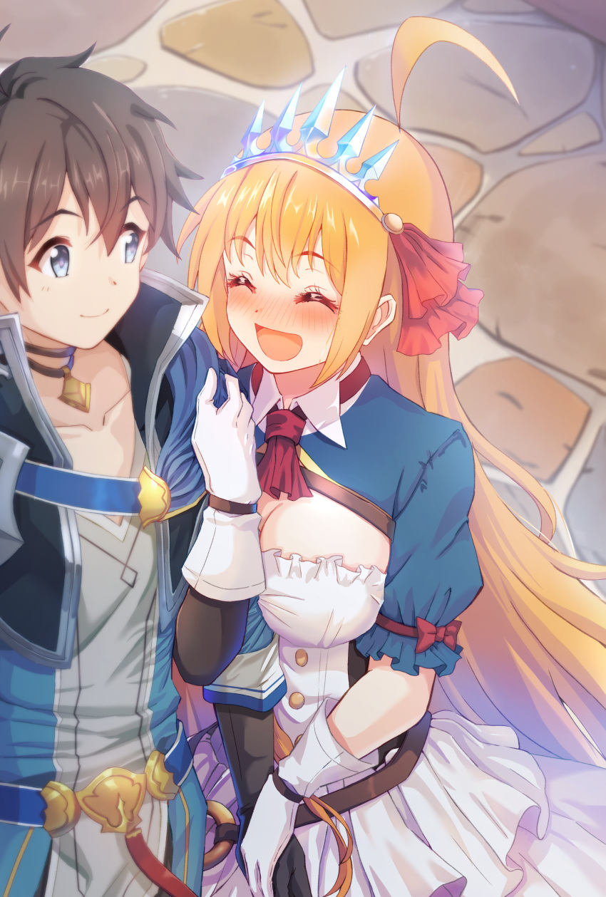 1boy 1girl :d absurdres ahoge arm_hug black_hair blue_eyes blush breasts cleavage closed_eyes collarbone commentary_request dress gloves hair_ribbon hetero highres jewelry large_breasts long_hair necklace nose_blush orange_hair outdoors pecorine_(princess_connect!) princess_connect! rabenga red_ribbon ribbon smile stone_floor tiara very_long_hair white_dress yuuki_(princess_connect!)