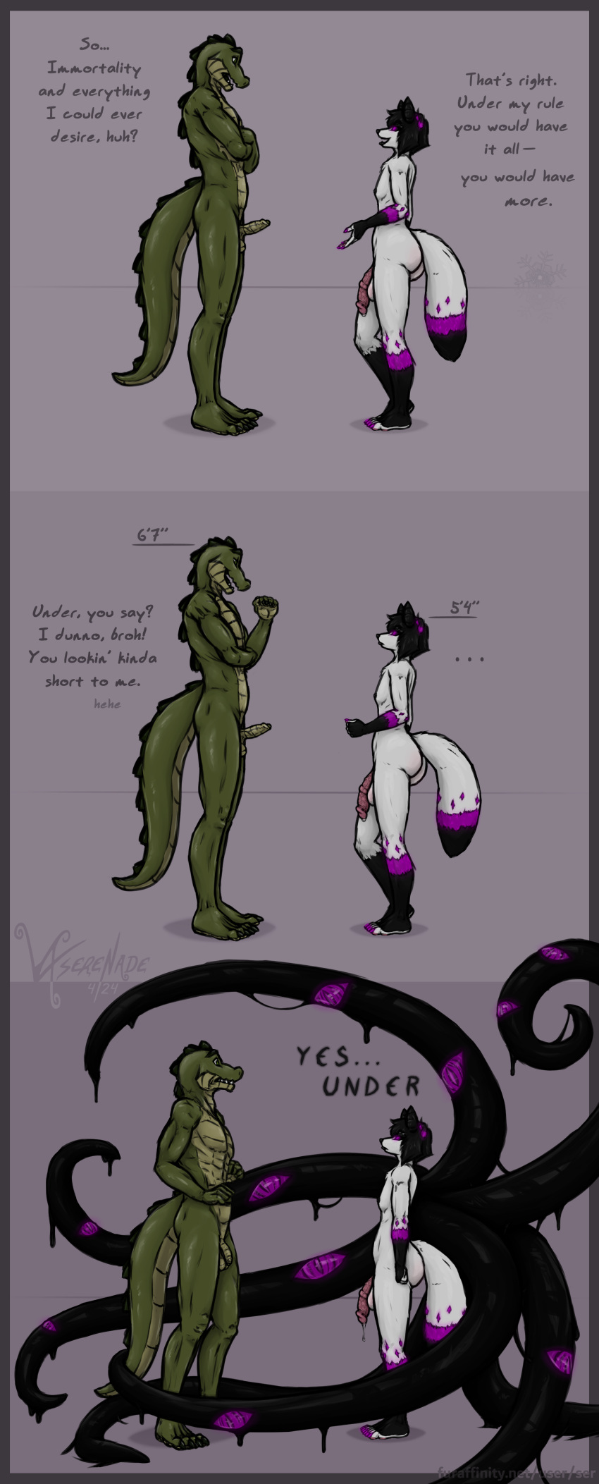 absurd_res alligator alligatorid annoyed anthro arctic_fox balls balls_blush big_balls big_butt big_penis black_lips black_nipples blush blushing_butt bodily_fluids body_blush butt canid canine claws crocodilian cum deity demon dialogue dripping dripping_tentacles duo eldritch_being erection femboy finger_claws flaccid forced fox genital_fluids genitals glowing glowing_claws glowing_eyes glowing_markings height_comparison height_teasing hi_res horn huge_balls huge_penis humanoid_genitalia humanoid_penis hybrid_genitalia hybrid_penis imminent_danger leaking_cum lips male male/male mammal markings medial_ring medial_ringed_humanoid_penis medial_ringed_hybrid_penis more_(vxserenade) multi_eye nipples penis penis_size_difference plantigrade precum precum_drip precum_string questionable_consent realistic_penis_size reptile scalie scared_expression sequence sequential size_difference small_but_hung startled surprised_look teasing tentacles thick_lips toe_claws true_fox unnamed_character vxserenade