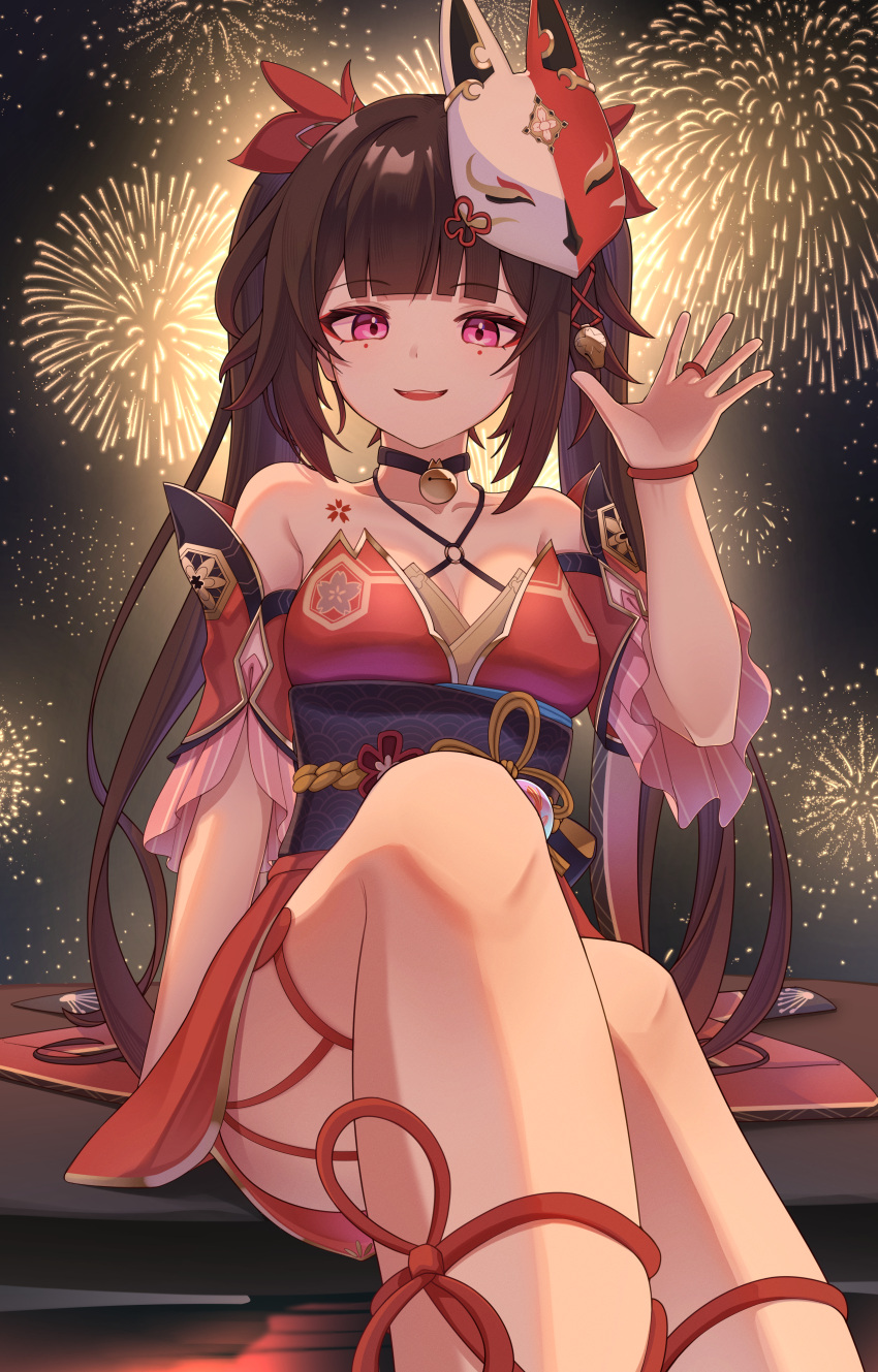 1girl absurdres aerial_fireworks bare_shoulders black_hair breasts commentary_request detached_sleeves feet fireworks foot_focus fox_mask hand_up highres honkai:_star_rail honkai_(series) japanese_clothes kimono legs long_hair looking_at_viewer mask mask_on_head mole mole_under_each_eye mole_under_eye multiple_moles night night_sky obi open_mouth purple_eyes red_kimono sash sitting sky small_breasts smile solo sparkle_(honkai:_star_rail) suke_(suke_oekaki) thighs twintails