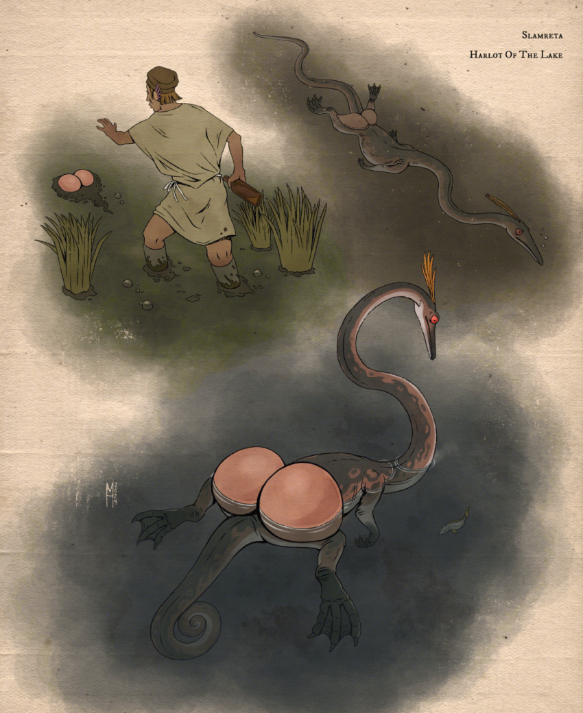 2024 butt cireks clothing duo english_text feral grass harlot_of_the_lake_(speculative_species) hi_res human humor long_body long_neck long_tail male male_human mammal nude partially_submerged plant red_eyes red_sclera speculative_species swamp tail text