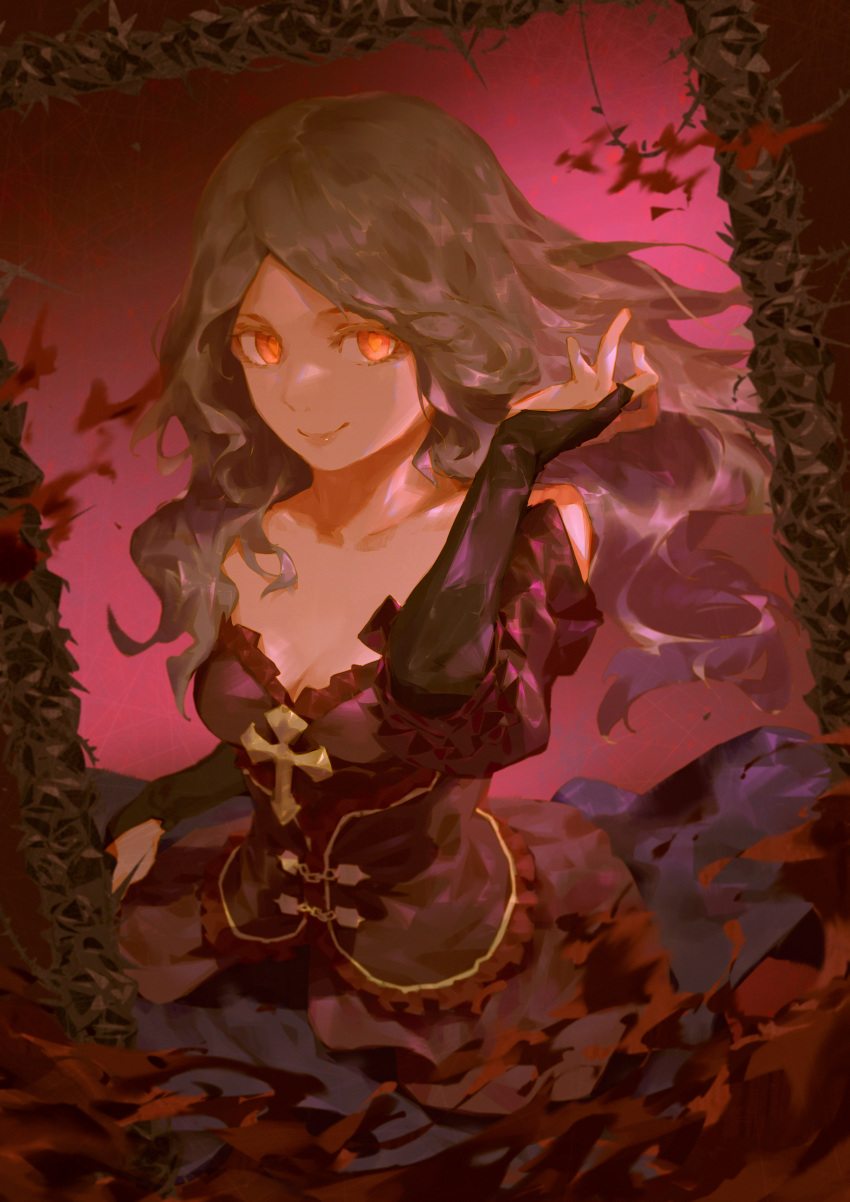 1girl absurdres breasts bridal_gauntlets brown_hair cleavage collarbone commentary_request cross dress facing_viewer glowing glowing_eyes hair_tucking hand_up highres king's_raid lewisia_(king's_raid) lips long_hair looking_to_the_side plant red_dress red_eyes red_sky sky small_breasts solo spongeman9214 strapless strapless_dress thorns very_long_hair vines