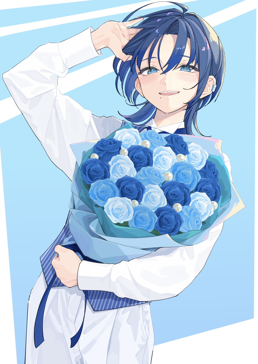 1girl absurdres alternate_costume arm_up blue_background blue_eyes blue_flower blue_hair blue_rose blue_vest blush bouquet cowboy_shot earclip flower highres hiodoshi_ao holding holding_bouquet hololive hololive_dev_is long_sleeves looking_at_viewer mole mole_under_mouth pants parted_lips rose shirt short_hair simple_background smile solo striped_clothes striped_vest vest virtual_youtuber white_pants white_shirt yuri_yutaka