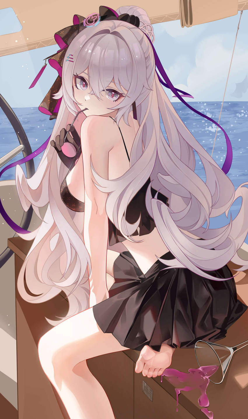 1girl absurdres ai_dongdong alternate_costume bikini black_bikini boat bronya_zaychik drink frilled_bikini frills glasses grey_eyes grey_hair hair_ribbon highres honkai_(series) honkai_impact_3rd pink_pupils ribbon solo spill sunglasses swimsuit watercraft