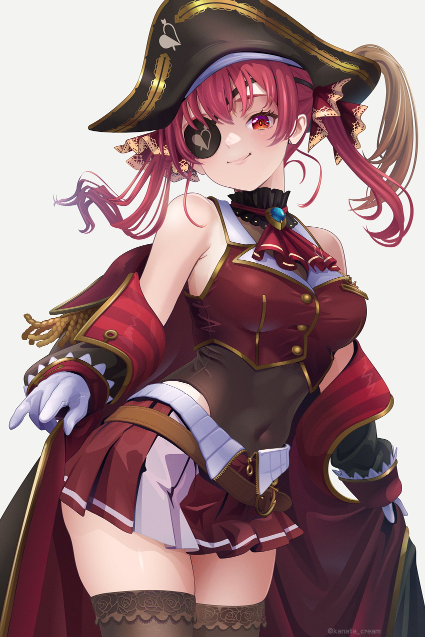 1girl absurdres ascot belt breasts brown_belt closed_mouth coat covered_navel cowboy_shot cropped_vest epaulettes eyepatch gloves gold_trim hat highres hololive houshou_marine houshou_marine_(1st_costume) kanata_cream large_breasts leotard leotard_under_clothes miniskirt off_shoulder pirate_hat pleated_skirt plume red_ascot red_coat red_eyes red_hair red_skirt simple_background skirt smile solo twintails vest virtual_youtuber white_background white_gloves zettai_ryouiki