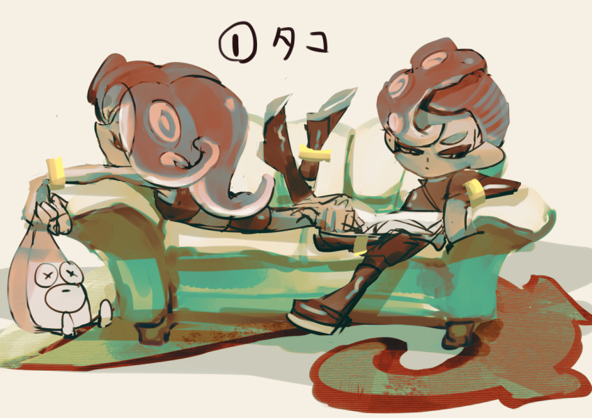 1boy 1girl agent_8_(splatoon) black_footwear black_shirt black_skirt book boots closed_mouth couch crop_top half-closed_eyes koike3582 long_hair lying miniskirt mohawk octoling octoling_boy octoling_girl octoling_player_character octotrooper on_couch on_stomach open_book red_hair shirt short_hair simple_background sitting skirt splatoon_(series) splatoon_2 splatoon_2:_octo_expansion suction_cups tentacle_hair white_background