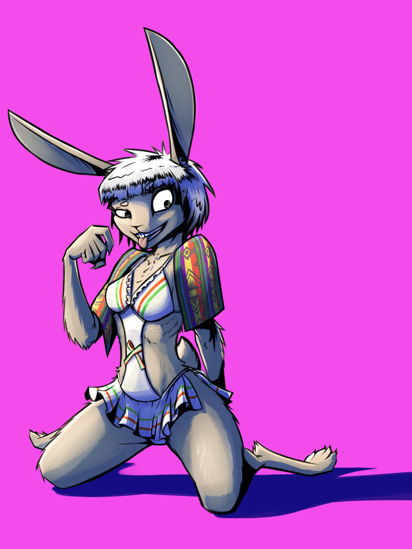 absurd_res anne_speck anthro bikini bottomwear clothing collarbone eyebrows female fur gatonejo grey_body grey_fur hair hi_res kneeling lagomorph leporid mammal pink_background rabbit raised_eyebrows ribs scut_tail seductive short_tail silver_hair simple_background skirt slim solo swimwear tail teeth tongue tongue_out