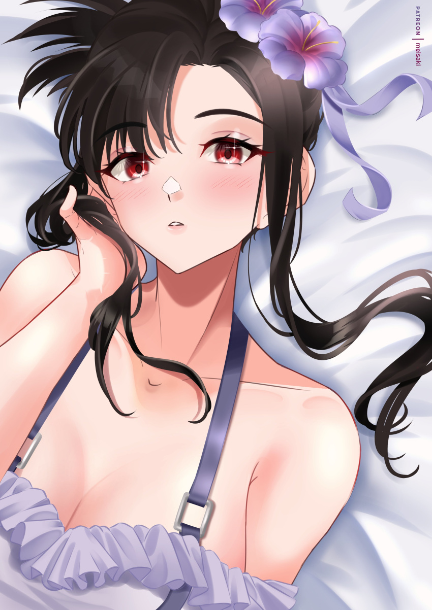 1girl absurdres bare_shoulders bed_sheet bikini black_hair blush breasts cleavage collarbone final_fantasy final_fantasy_vii final_fantasy_vii_rebirth final_fantasy_vii_remake flower frilled_bikini frills hair_flower hair_ornament hand_in_own_hair hibiscus highres large_breasts looking_at_viewer meisaki official_alternate_costume parted_bangs parted_lips purple_flower red_eyes sidelocks solo swimsuit tifa_lockhart tifa_lockhart_(shining_spirit) updo upper_body