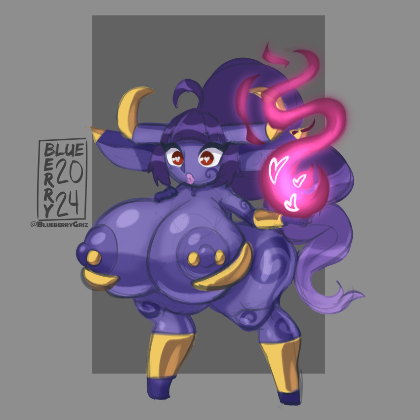 2024 2_horns absurd_res armor big_breasts blueberrygrizzly bovid_horn bovine_horn breasts collar cow_horn elemental_manipulation female fire fire_manipulation gold_(metal) gold_collar gold_jewelry gold_piercing grey_background hair heart_eyes heart_symbol hi_res horn huge_breasts humanoid humanoid_pointy_ears imp jewelry lips long_hair markings metal_collar nipple_piercing nipples piercing pink_lips purple_body purple_hair red_eyes simple_background solo standing thick_thighs tome_imp vambrace