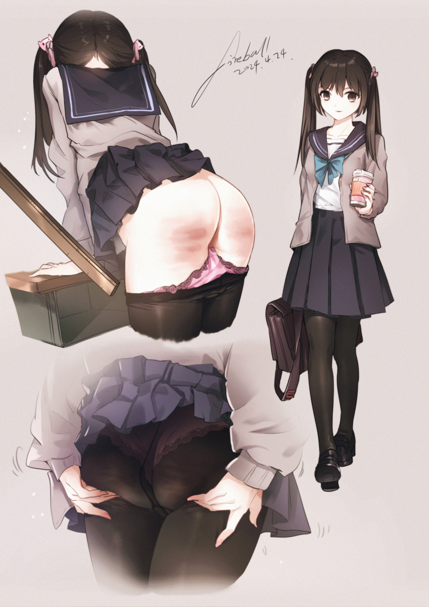 1girl 1other absurdres ass bag bent_over black_hair black_pantyhose blue_sailor_collar blue_skirt brown_background brown_eyes brown_hair chinese_commentary clothes_pull commentary_request dated desk fireball_666 grey_shirt highres holding_ruler long_hair long_sleeves looking_at_viewer original panties panties_under_pantyhose pantyhose pantyhose_pull pink_panties pleated_skirt sailor_collar school_bag school_desk school_uniform serafuku shirt skirt spanked spanking twintails underwear