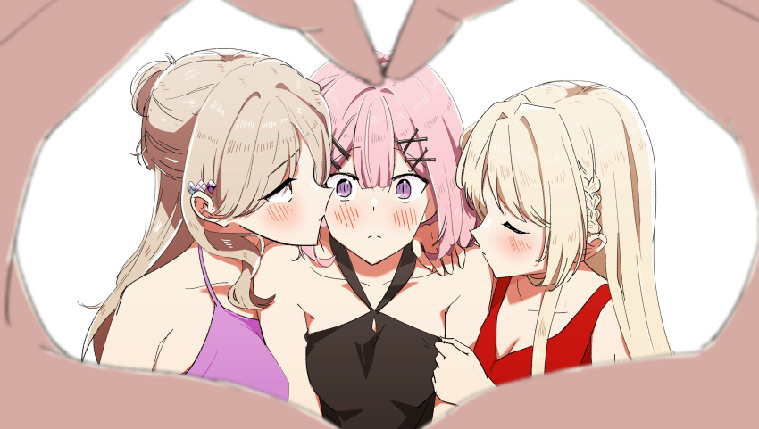 1other 3girls absurdres amaori_renako bare_shoulders black_dress blonde_hair blurry blush braid breasts cleavage closed_eyes closed_mouth collarbone commentary depth_of_field dress enshu_suruga girl_sandwich hair_between_eyes hair_ornament hairclip half_updo halterneck heart heart_hands highres kiss kissing_cheek large_breasts long_hair medium_breasts multiple_girls ouzuka_mai pink_dress pink_hair pov purple_eyes red_dress sandwiched sena_ajisai short_hair side_braid sidelocks small_breasts watashi_ga_koibito_ni_nareru_wake_naijan_murimuri white_background x_hair_ornament yuri